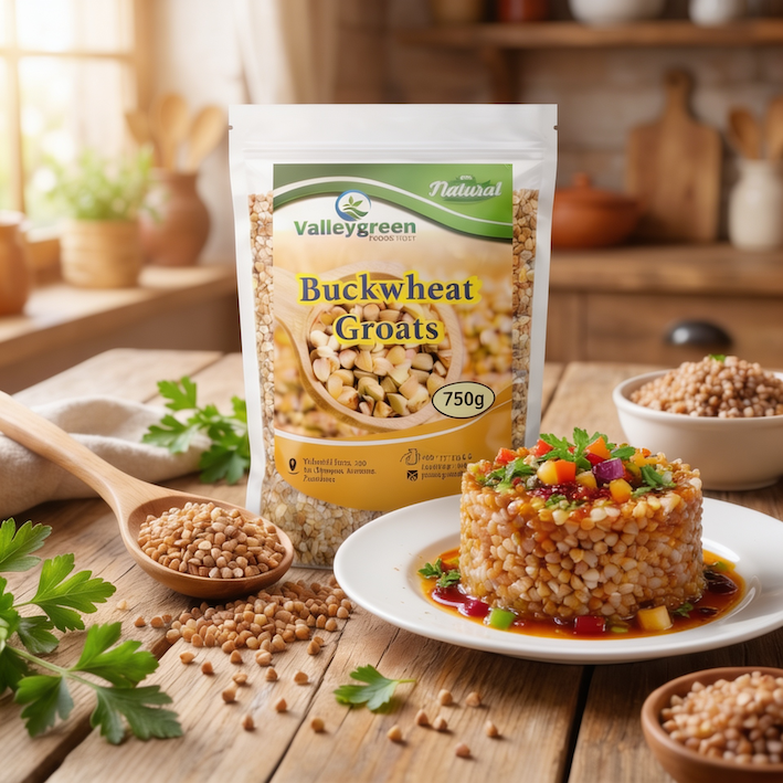 Prepared buckwheat groats served on a wooden table