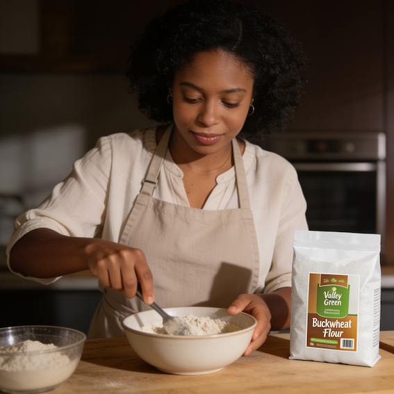 Home baker mixing Stellar Foods Buckwheat Flour