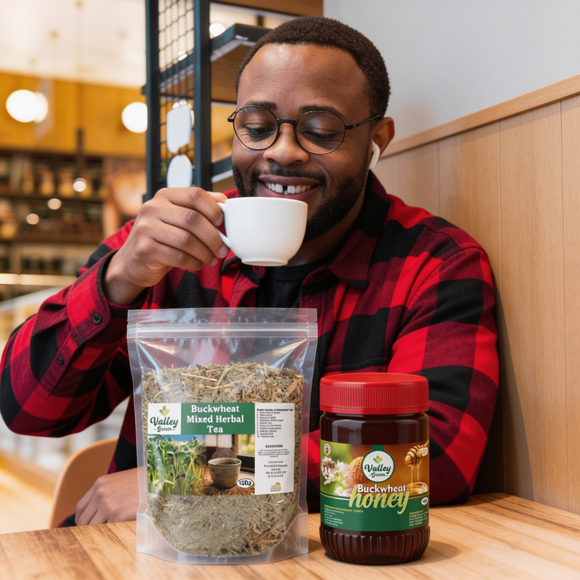 Man enjoying Stellar Foods buckwheat herbal tea